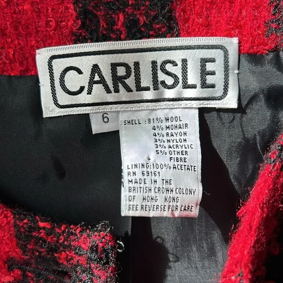 Vintage Carlisle Wool Red/Black Buffalo Check Boucle Blazer‎ Cropped Lined 6